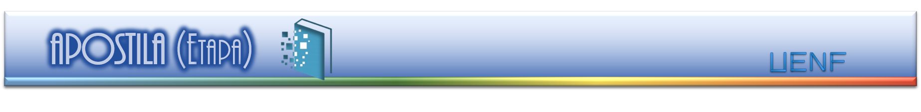 Rótulo com texto "Apostila (etapa)"  seguido de uma figura que representa um livro sendo materializado por pixels digital. 