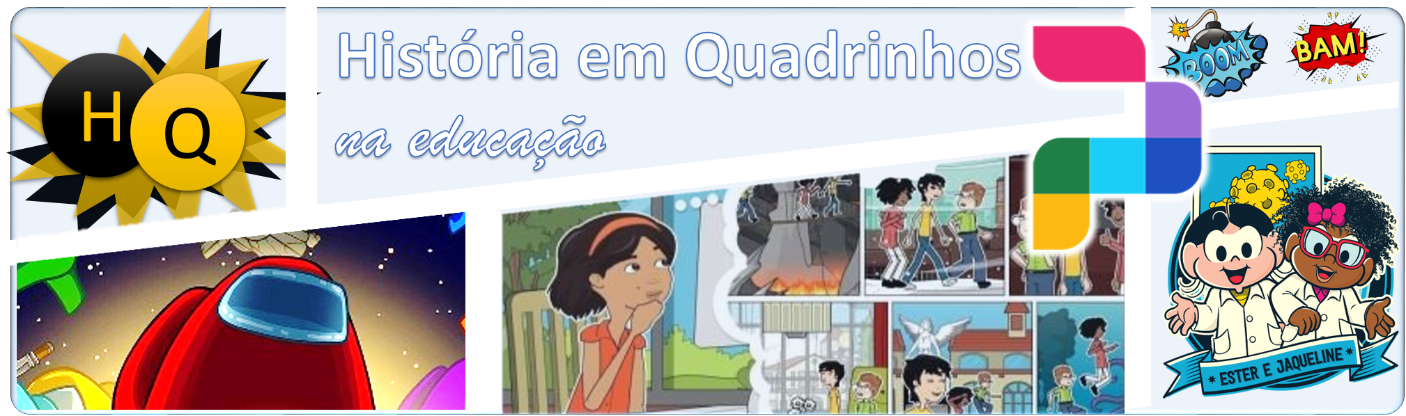 Imagem dividida em 6 imagens. com figuras que representam Histórias em Quadrinhos  e Onomatopeia e o ícone da interfacePixton
